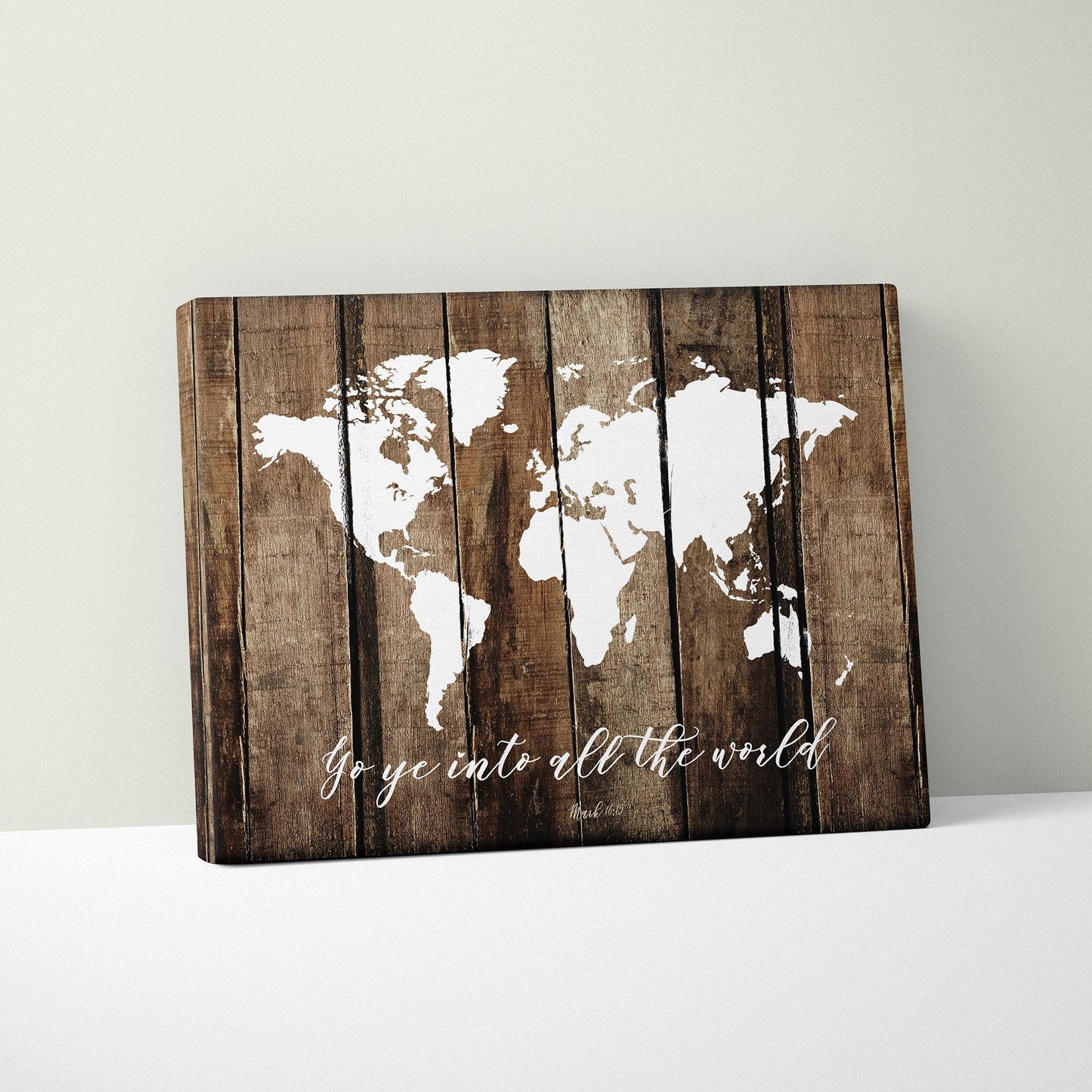 Go Ye Into All The World And Preach The Gospel Faux Rustic Wood Map|