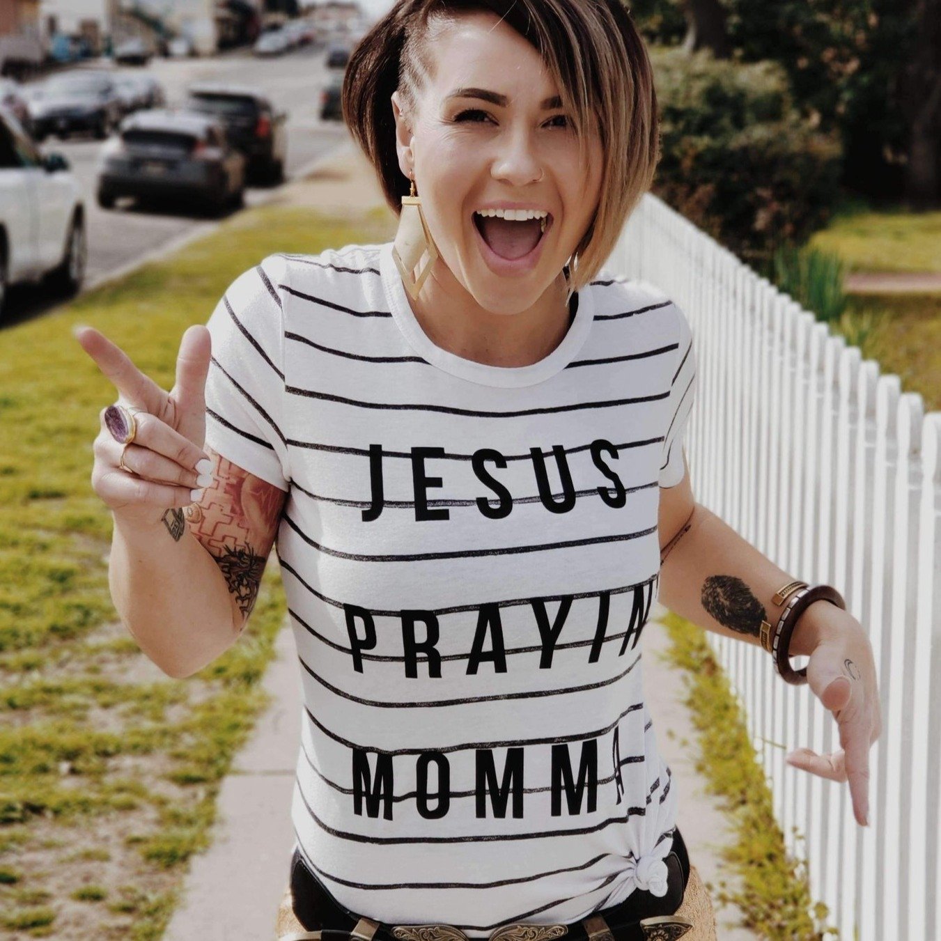 Jesus Prayin' Momma Striped Tee