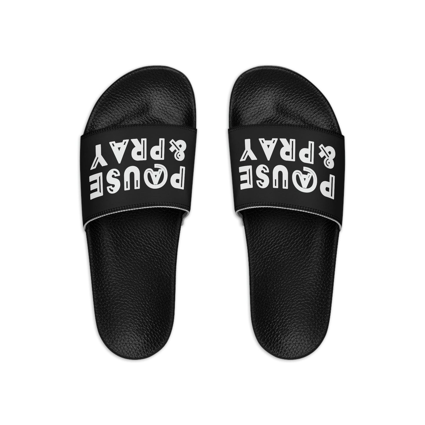 Mens Black Slide Sandals, Pause And Pray, Christian Inspiration