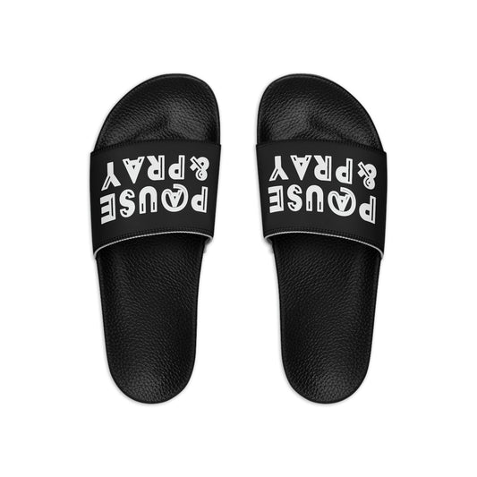 Mens Black Slide Sandals, Pause And Pray, Christian Inspiration