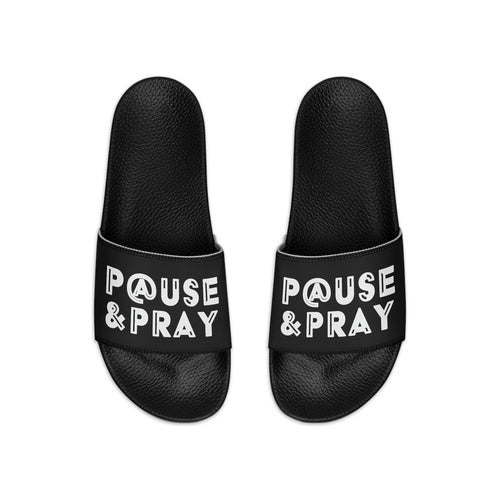 Mens Black Slide Sandals, Pause And Pray, Christian Inspiration